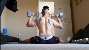 Handstandpushup.com Beginner Handstand Push Up Guide Seated Arnold Press with dumbbells movement position2