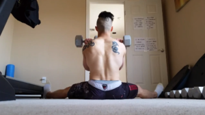 Handstandpushup.com Beginner Handstand Push Up Guide Seated Arnold Press with dumbbells Start position picture